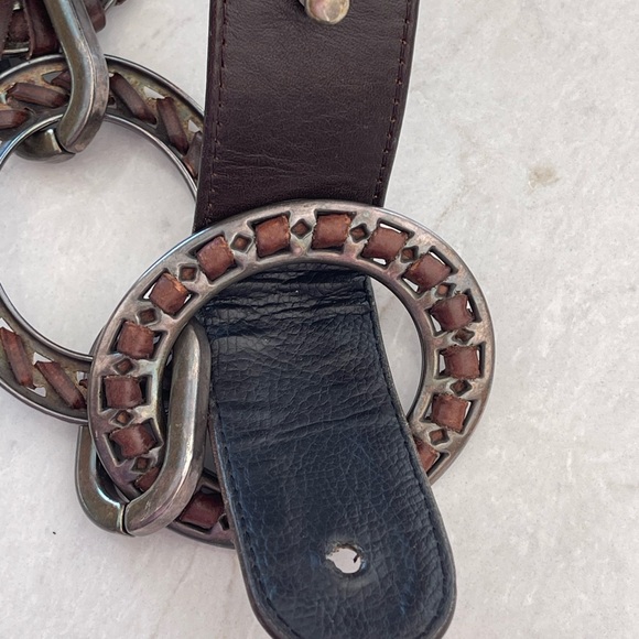 SUZI ROHER Dark Brown Leather Belt with Nickel Metal Ring Accents, Size 34-35" - Picture 9 of 15